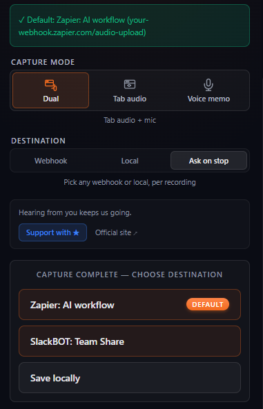 Popup showing the destination selector