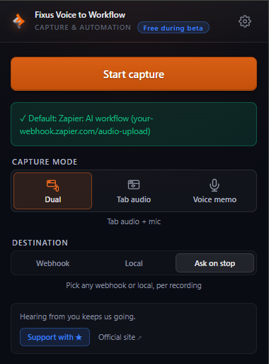 Fixus Voice to Workflow popup, ready to capture