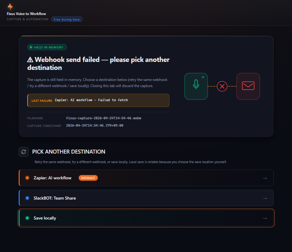 Recovery tab offering retry options after a failed upload